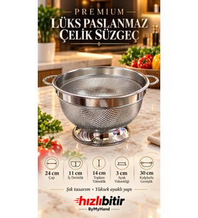 ByMyHand Paslanmaz Çelik Kulplu Çok Amaçlı Makarna Un Meyve Sebze Süzgeç 24 Cm