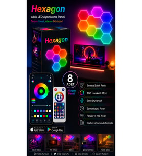Hexagonel Oda Işığı Birleştirilebilir RGB-IC Telefon ve Kumanda Kontrollü 8 Lİ