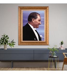 Altın Varaklı Çerçeveli Paspartulu Atatürk Tablo DC0976 (Gold)