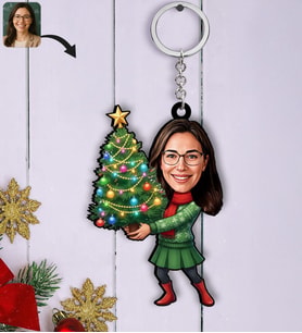 BK Gift Kişiye Özel Kadın Yılbaşı Karikatürlü Ahşap Anahtarlık -14, Yeni Yıl Hediyesi, Yılbaşı Hediyesi
