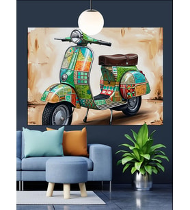 Retro Scooter Yeşil Vespa Dekoratif Kanvas - Mdf Ahşap Tablo
