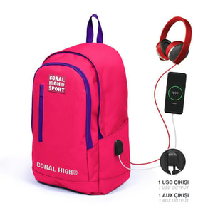 Coral High Sport Neon Mercan Mor Üç Bölmeli USB Şarjlı Kulaklık Çıkışlı Sırt Çantası 23235