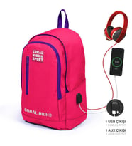 Coral High Sport Neon Mercan Mor Üç Bölmeli USB Şarjlı Kulaklık Çıkışlı Sırt Çantası 23235