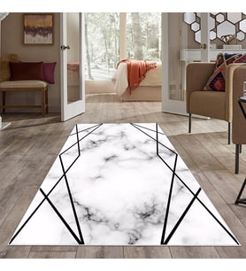 Beyaz Geometrik Desen Yıkanabilir Kaymaz Taban Leke Tutmaz Modern Salon Halısı ve Yolluk (Beyaz-Siyah)