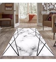 Beyaz Geometrik Desen Yıkanabilir Kaymaz Taban Leke Tutmaz Modern Salon Halısı ve Yolluk (Beyaz-Siyah)