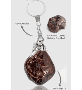 Sertifikalı Ham İşlenmemiş Model Lal - Garnet - Granat Taşı Doğal Taş Anahtarlık (Siyah)