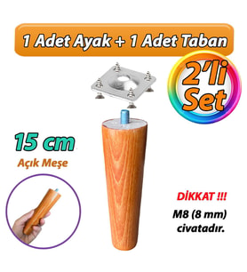 Ahşap Ayak 15 Cm 2'li Set Açık Meşe M8 Civatalı Bağlantı Aparatlı Dolap Mobilya Koltuk Kanepe Destek Ayağı Ayakları