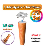 Ahşap Ayak 15 Cm 2'li Set Açık Meşe M8 Civatalı Bağlantı Aparatlı Dolap Mobilya Koltuk Kanepe Destek Ayağı Ayakları