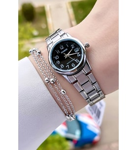 Casio CSISTE23 Kadranı Siyah Kordonu Gümüş Renk Takvimli Hediye Paketli Kadın Kol Saati ve Bileklik