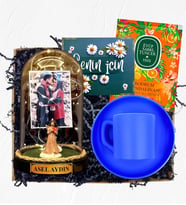 Fotoğraflı İsimli ve Işıklı Fanus & Mavi Kahve Fincanı Hediye Seti  Kişiye Özel Premium Set (Model 1)
