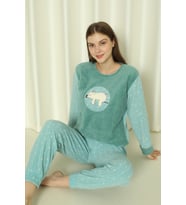 Fawn 3312 Peluş Welsoft Polar Kışlık Yumoş Uyuyan Ayılı Kadın Pijama Takımı (Yeşil)