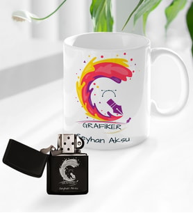 BK Gift Kişiye Özel Grafiker Tasarımlı Kupa Bardak ve Benzinli Çakmak Seti-2 (Model 1)