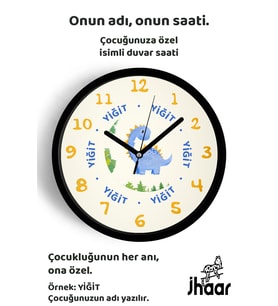 İsme Özel Sevimli Dinozor Çocuk Odası Duvar Saati Orta Boy 30 cm Siyah Camlı Sessiz