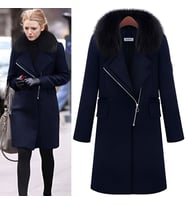 Tasarım Kışlık  Kürklü Kaşe Özel Kadın Kaban (Lacivert)