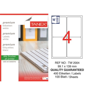 Tanex Lazer Etiket tw-2004 100 A4 Sayfa Laser Etiket 99,1x139 mm Boyutunda 1 A4 Sayfada 4 Etiket