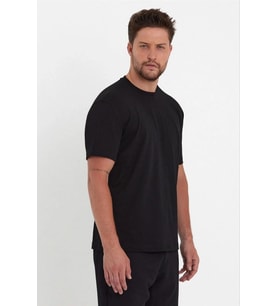 Erkek Düz Penye Tişört Bisiklet Yaka Kısa Kol Regular Fit T-Shirt - Siyah