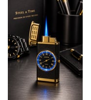 Saatli Gazlı Jet Çakmak Gold / Füme – LED Işıklı Turbo Alevli - Dolu Gönderim - Premium Hediye