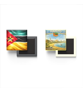 Buzdolap Magnetleri - Mozambik Bayrağı ve Maputo Retro Tema - 2'li Set Magneti