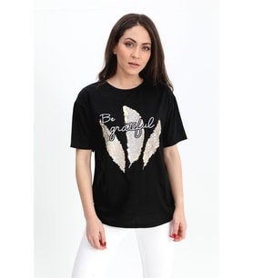 T-shirt Bisiklet Yaka Yaprak Baskılı - Siyah