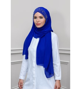 Saks Mavisi Pratik Hazır Geçmeli Bone Şal Şifon Kendinden Boneli Taşlı Elişi İşlemeli 1450_24