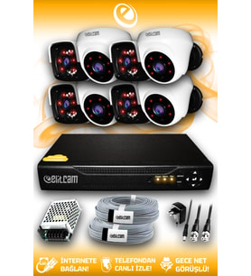 ELITCAM 8 Kameralı Panda 4 İç Kamera Set HDD'siz Full HD Gece Görüşlü Güvenlik Kamerası Sistemi