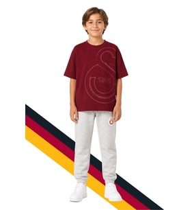 Galatasaray Çocuk Logo Baskılı Bordo Tişört ve Gri Eşofman Altı, Eşofman Takımı