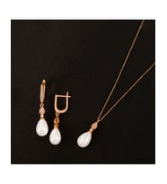 925 Ayar Zirkon Taşlı Damla Modeli Gümüş İnci Set (Rose)