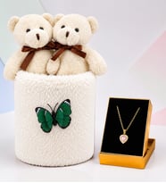 Peluş Saksıda Peluş Ayıcık Buketi ve Pembe Taşlı Kalp Kolye Kadına Sevgiliye Arkadaşa Hediye