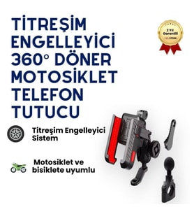 Titreşim Engelleyici 360° Döner Motosiklet Telefon Tutucu, Gidon Bağlantılı, 4”-6.9” Uyumlu Dayanıklı Tutacak