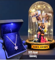 Premium Işıklı Kutuda 925 Ayar Gümüş Lotus Kolye ve Kişiye Özel Led Işıklı Fanus (Model 8)