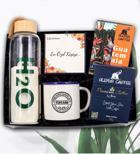Bambu Kapaklı 600 Ml Cam Matara & Mavi Renk Detaylı Vintage Kupa & Alerya Guatemala Filtre Kahve & Alerya Premium Filtre Kahve Hediye Seti