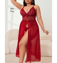 Intive Curvy Büyük Beden Kırmızı Yandan Derin Yırtmaçlı Göğsü Dantel Eteği Transparan Maksi Gecelik