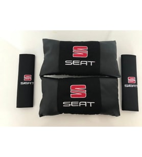 Seat Nakışlı Deri 1 Çift Boyun Yastık Ve 1 Çift Kemer Pedi (Siyah)