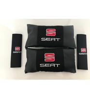 Seat Nakışlı Deri 1 Çift Boyun Yastık Ve 1 Çift Kemer Pedi (Siyah)
