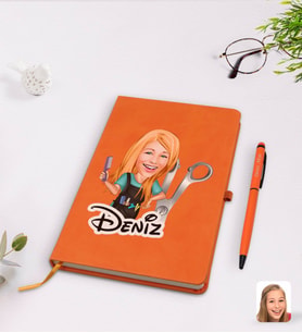 BK Gift Kişiye Özel Kadın Kuaför Karikatürlü Turuncu Termo Deri Defter Kalem Seti Model 1