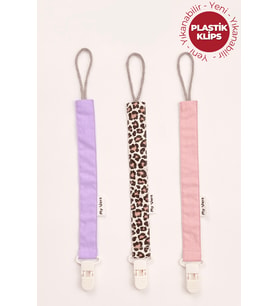 Lila - Leopar - Pudra Emzik Askısı Seti - 3'lü Emzik Zinciri Seti