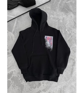 Uzun Kol Kapşonlu Ön Ve Arka Baskılı SweatShirt - Siyah