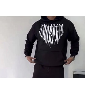 Uzun Kol Kapşonlu Baskılı SweatShirt - Siyah