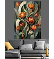 Stilize Kırmızı Çiçekler Art Deco Dekoratif Kanvas - Mdf Ahşap Tablo