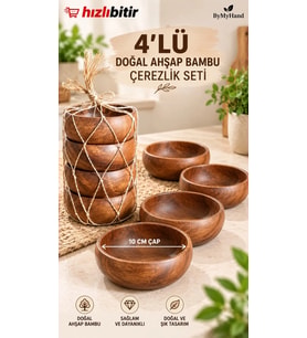 ByMyHand Bambu Doğal Ahşap Yuvarlak Çerezlik 4'lü Set Çap 10 Cm