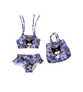 Kız Çocuk karakter Baskılı Eteği Fırfırlı- ip bağlamalı ÇANTA Mayo Bikini 3 lü Takım