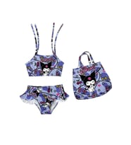 Kız Çocuk karakter Baskılı Eteği Fırfırlı- ip bağlamalı ÇANTA Mayo Bikini 3 lü Takım (Lila - Mor)