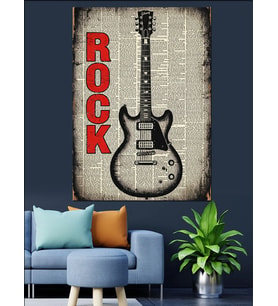 Rock Müzik Gitar Gazete Dekoratif Kanvas - Mdf Ahşap Tablo