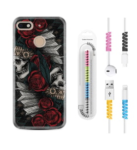 General Mobile GM8 Go GM9 GM20 Pro Plus Kılıf Kablo Koruma Spiral Silikon Skull Rose 1673