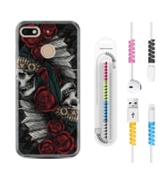 General Mobile GM8 Go GM9 GM20 Pro Plus Kılıf Kablo Koruma Spiral Silikon Skull Rose 1673