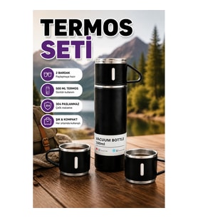 500 ml 304 Paslanmaz Çelik Isı Korumalı Termos ve 2 Bardak Seti – Silikon Tabanlı
