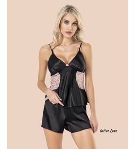 Moongirl Siyah/Pudra Saten Dantel Detaylı V Yaka Askılı Büstiyerli Mini Şortlu Pijama Takımı