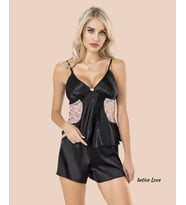 Moongirl Siyah/Pudra Saten Dantel Detaylı V Yaka Askılı Büstiyerli Mini Şortlu Pijama Takımı