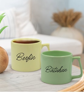 BK Gift Kişiye Özel İsimli Pastel Sarı ve Yeşil 2'li Middle Kupa Bardak Seti-3, Sevgiliye Hediye, Ev Hediyesi, Arkadaşa Hediye