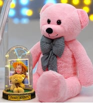Kişiye Özel Premium Hediye Seti  Led Işıklı Fanus ve 80cm Büyük Boy Pembe Peluş Ayıcık (Model 3)